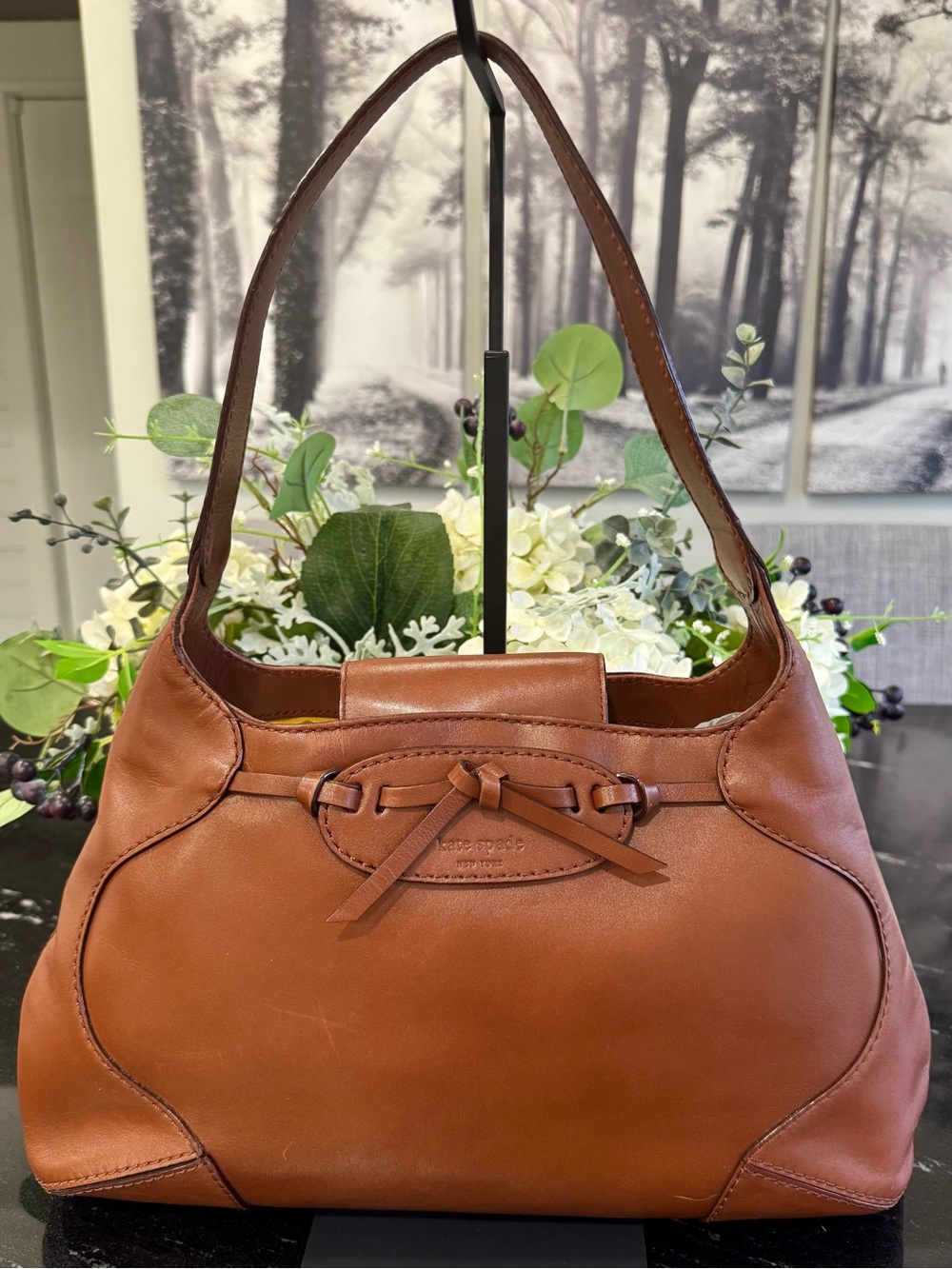 🤎Kate Spade Darcy Cognac Leather Shoulder Bag Bow Detail